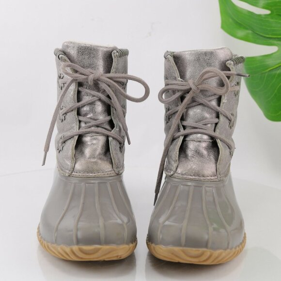 Jack Rogers Womens Hayley Duck Boot Size 8 Gray Silver Lace-Up Rubber Leather - Picture 4 of 12